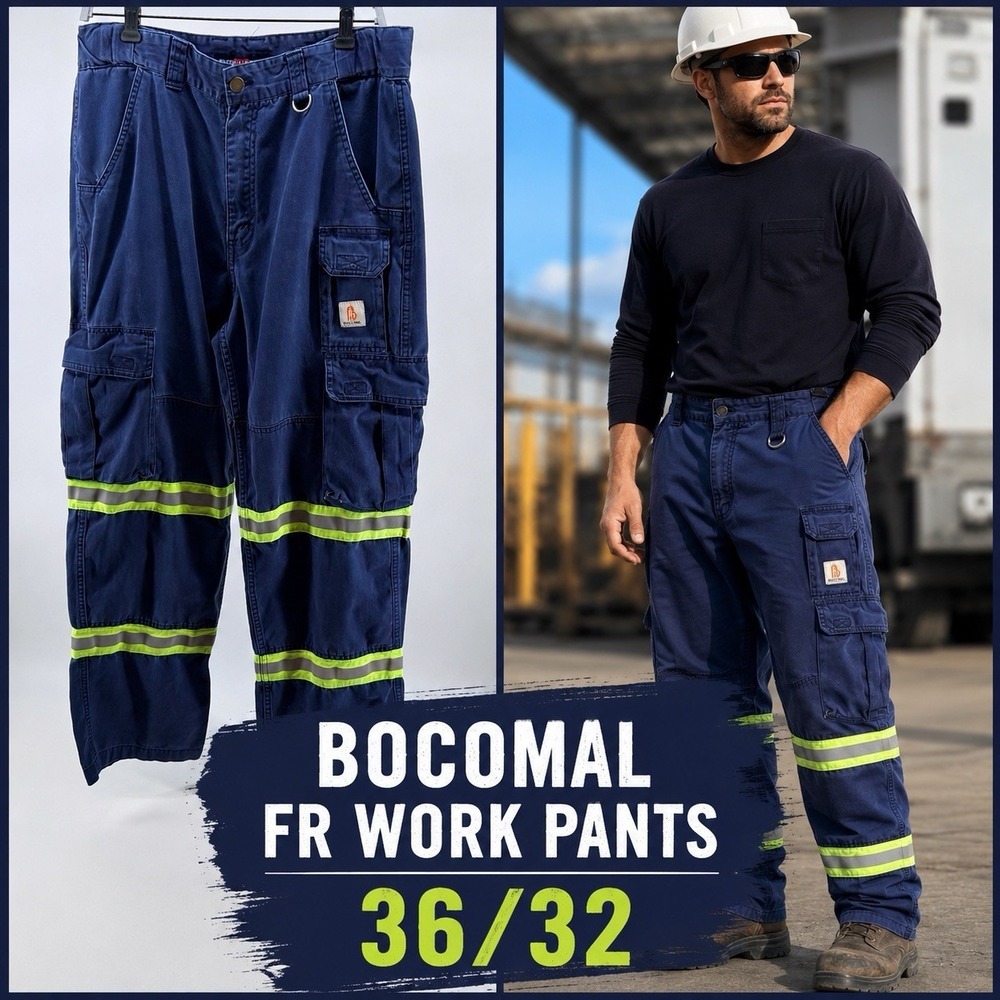 Bocomal FR Cargo Work Pants 36X32 Flame Resistant Hi Vis Reflective Utility Navy